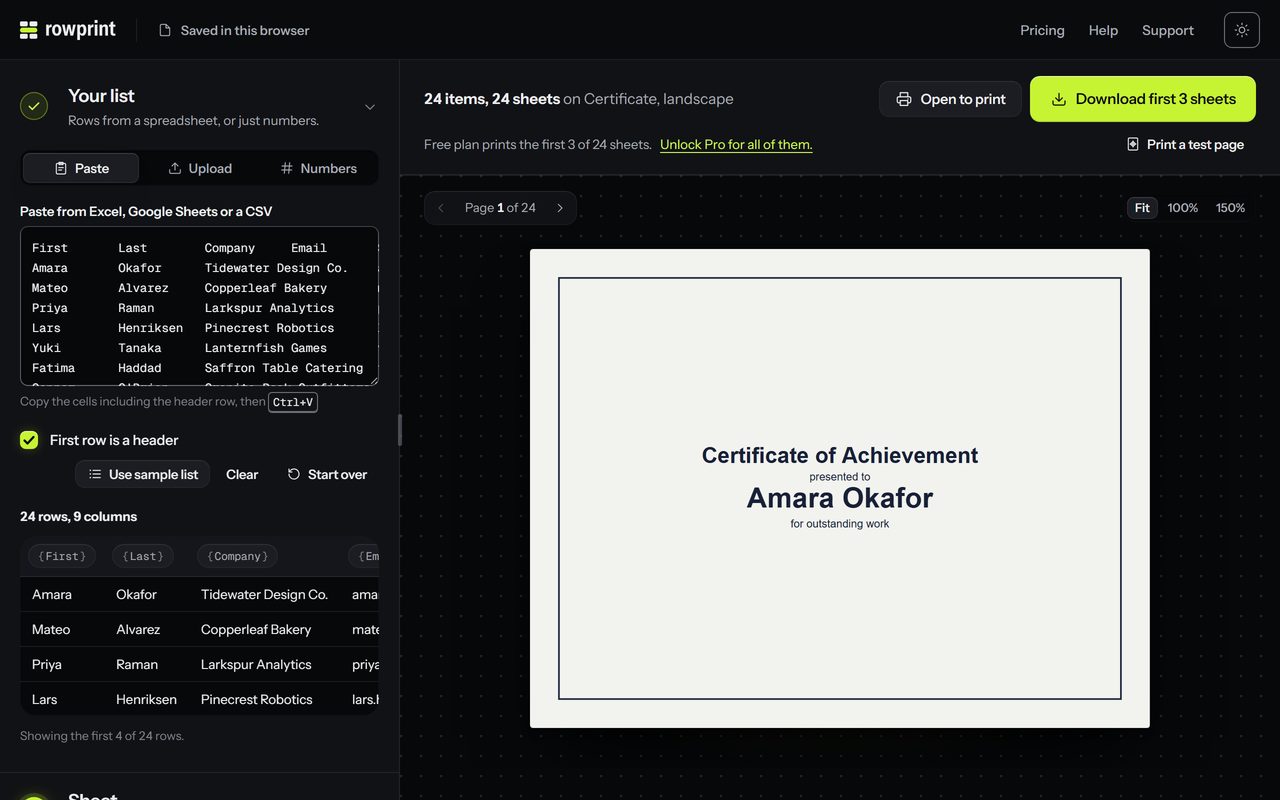 The Rowprint editor: the sample list pasted on the left, and a landscape certificate on the right reading Certificate of Achievement, presented to Amara Okafor, the first of 24 pages