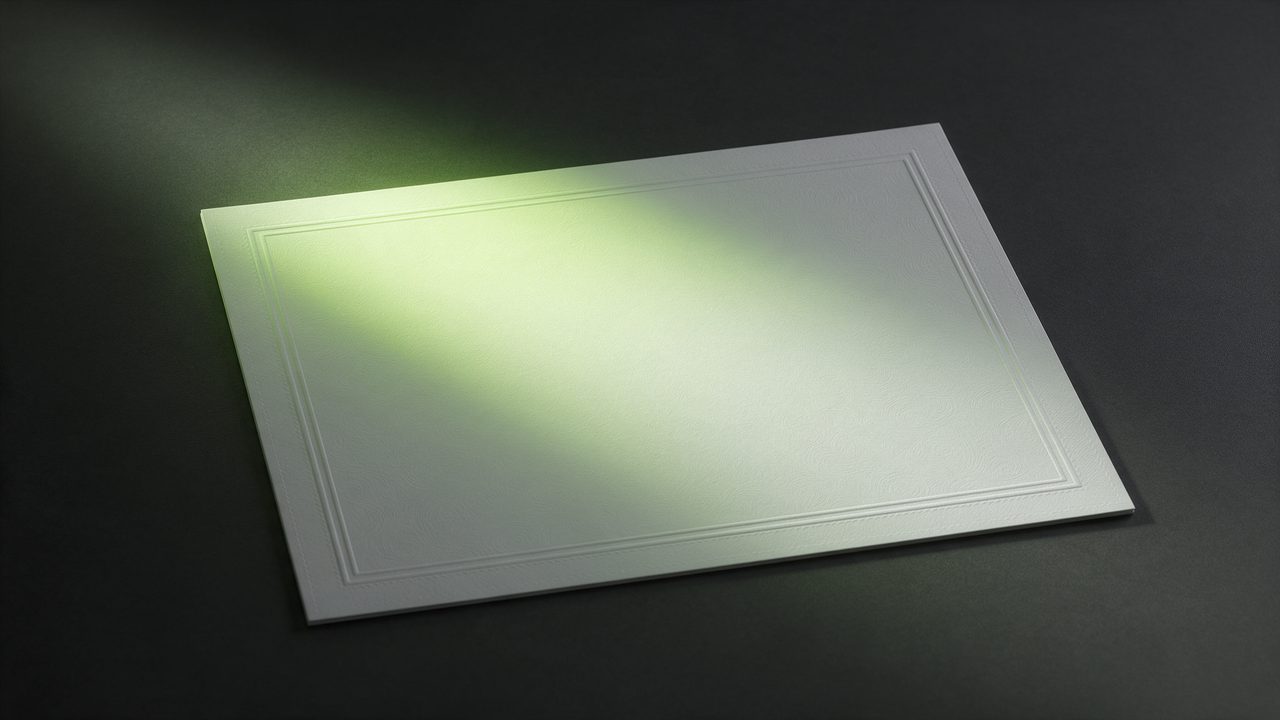 A 3D render of a certificate under a single lime light