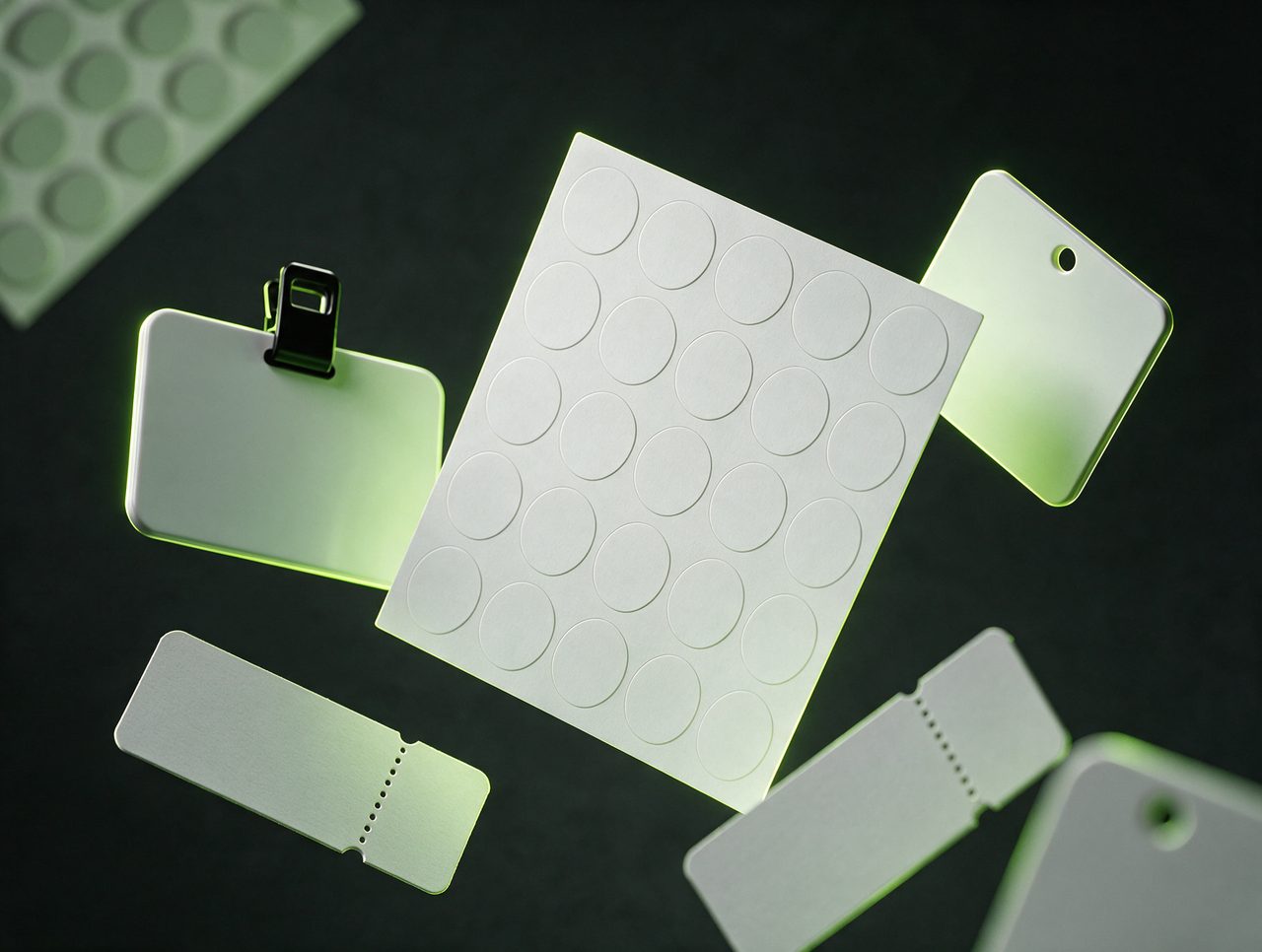 Badges, a round-label sheet and tickets floating in the dark