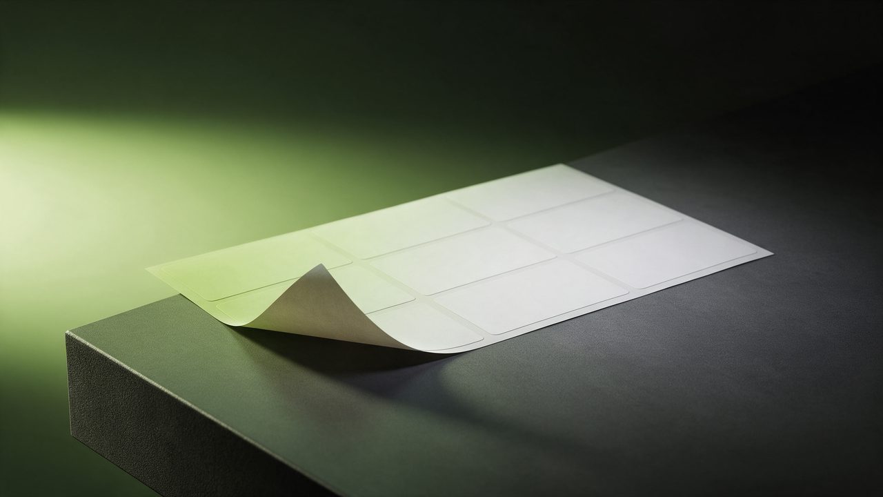 A 3D render of a sheet of address labels under a single lime light