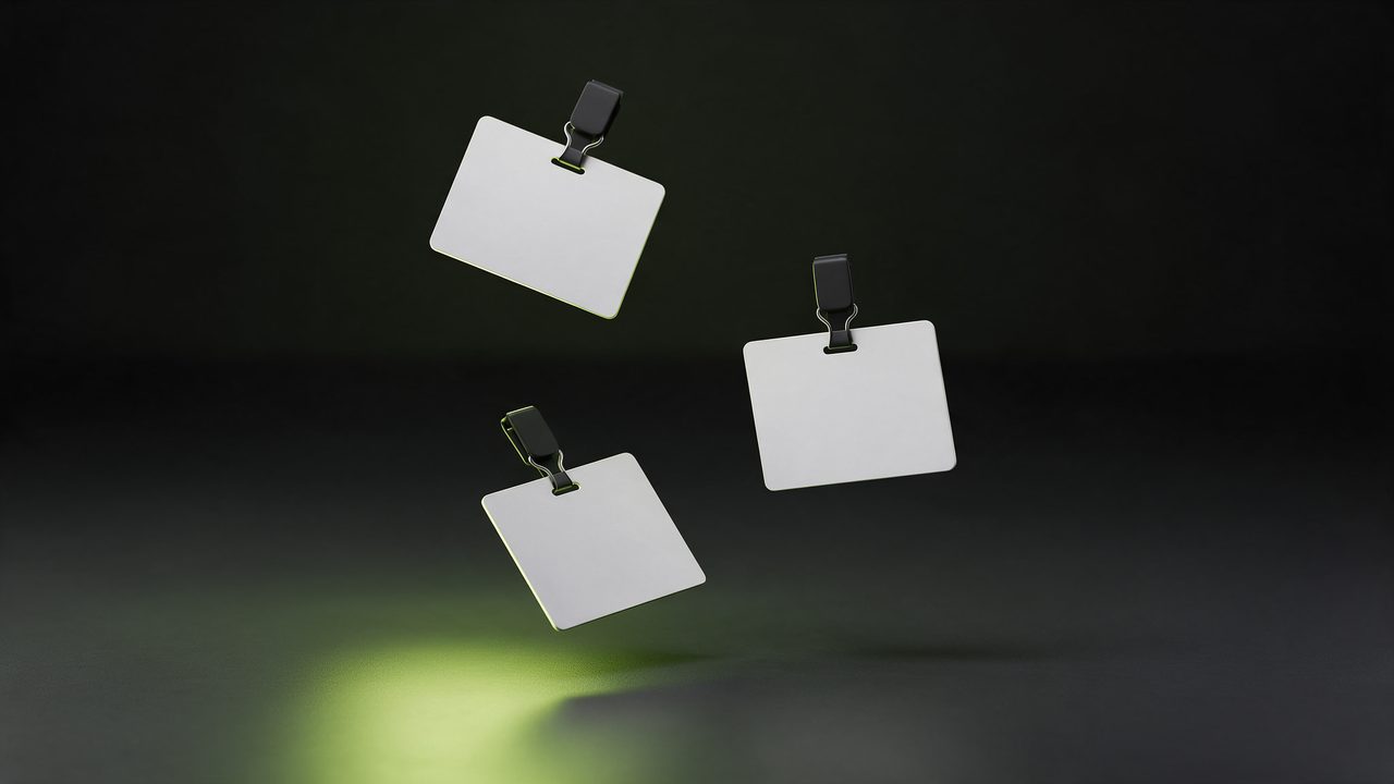 A 3D render of name tags on a badge sheet under a single lime light