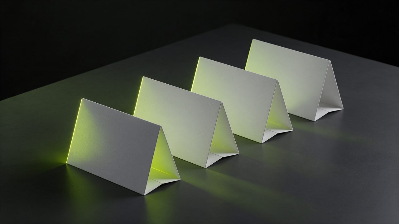 A 3D render of folded tent place cards under a single lime light