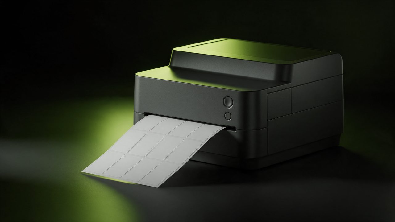 A matte graphite printer feeding a sheet of labels under a single lime light